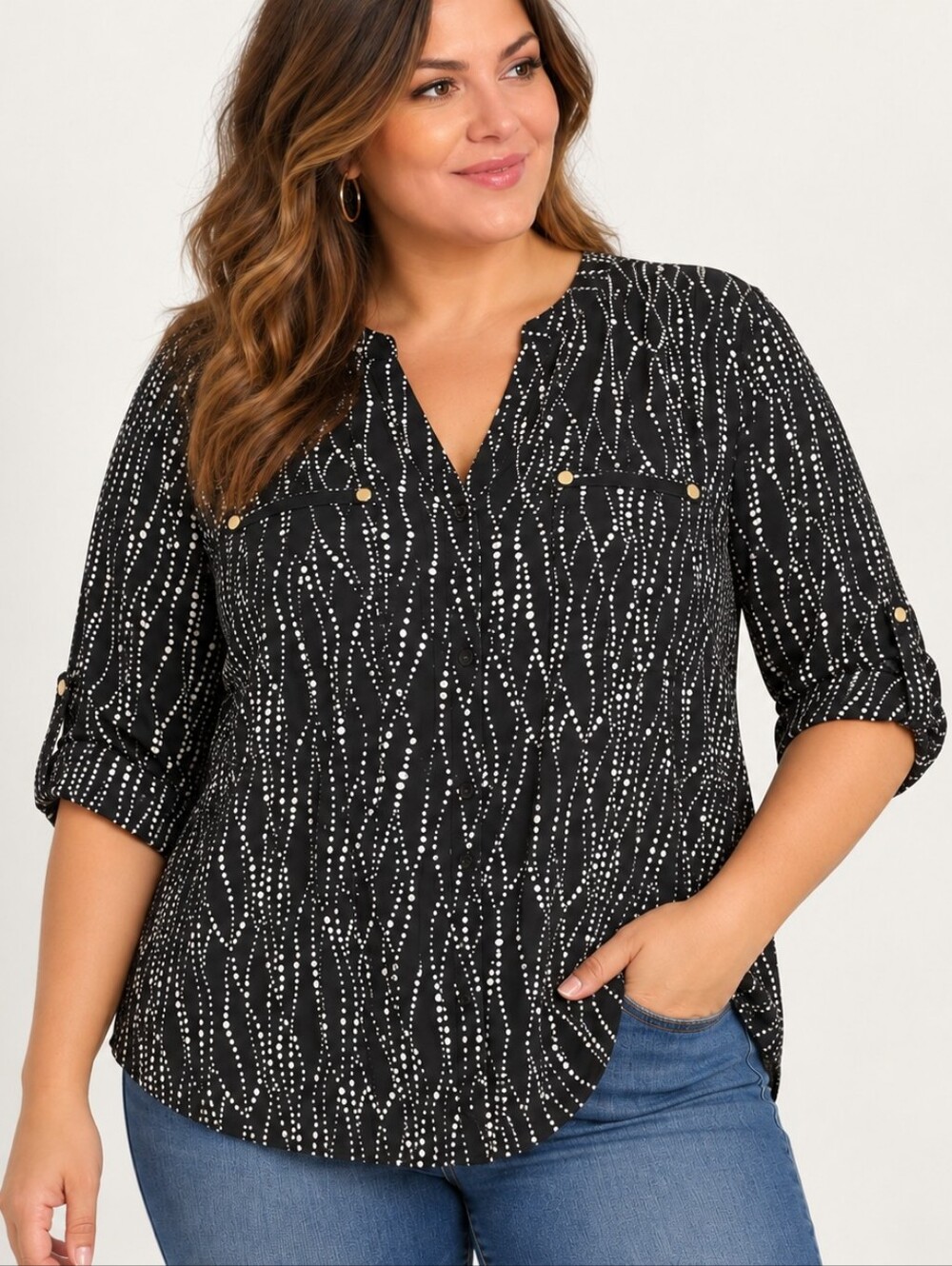 SIMPLY EMMA Black White Dot Pattern Blouse Top Plus Size 2X